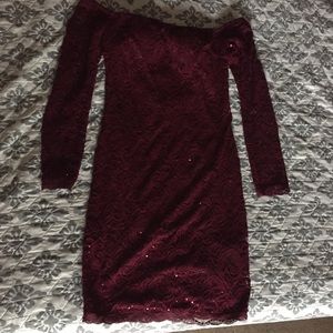 Burgundy, off the shoulder, body con dress